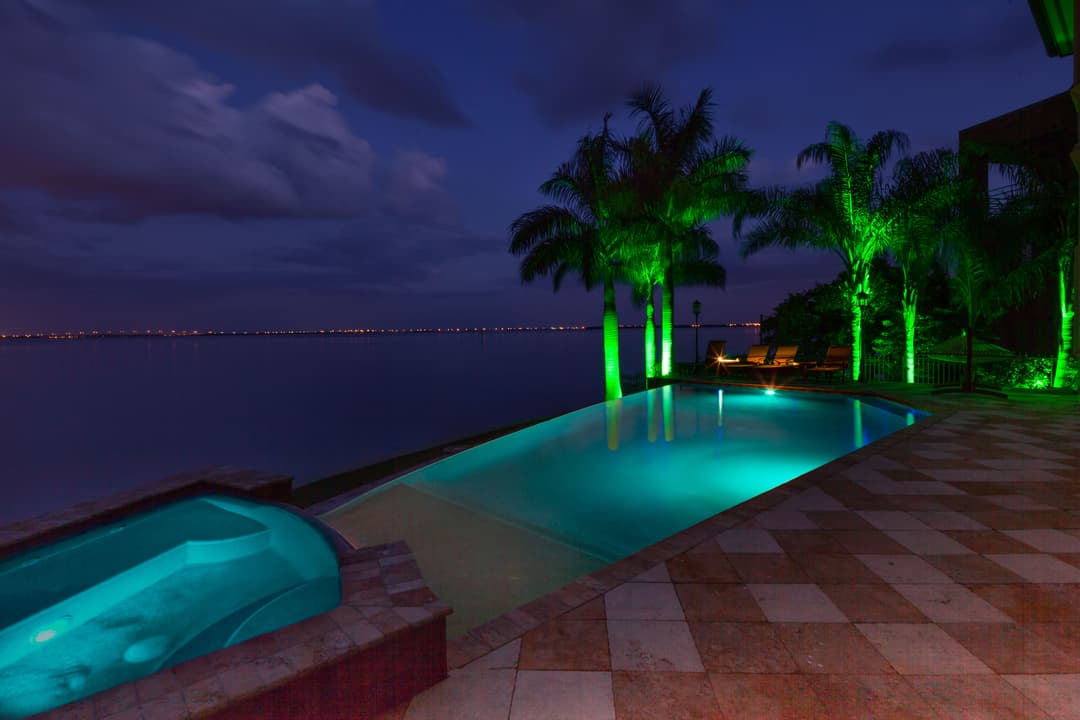 Modern pool with illuminated palm trees and a lake view at night. Relaxing outdoor ambiance.